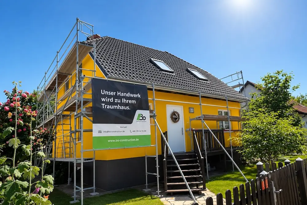 Neu eingedecktes Einfamilienhaus mit gelber Fassade – Dachdecker- und Zimmererarbeiten von BO Construction in Berlin und Brandenburg