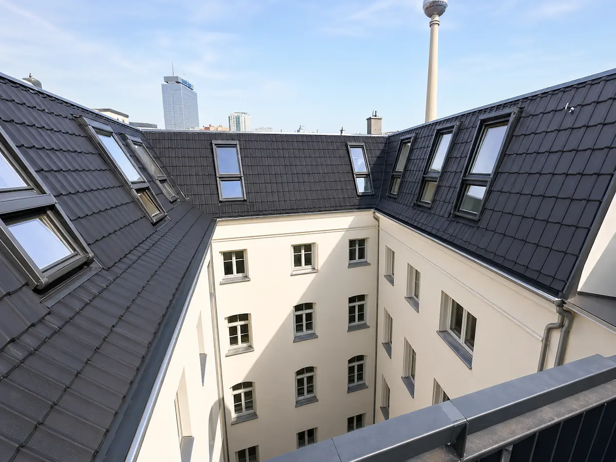 Fertiggestellte Dachfläche mit neuen Dachgauben und Dachfenstern